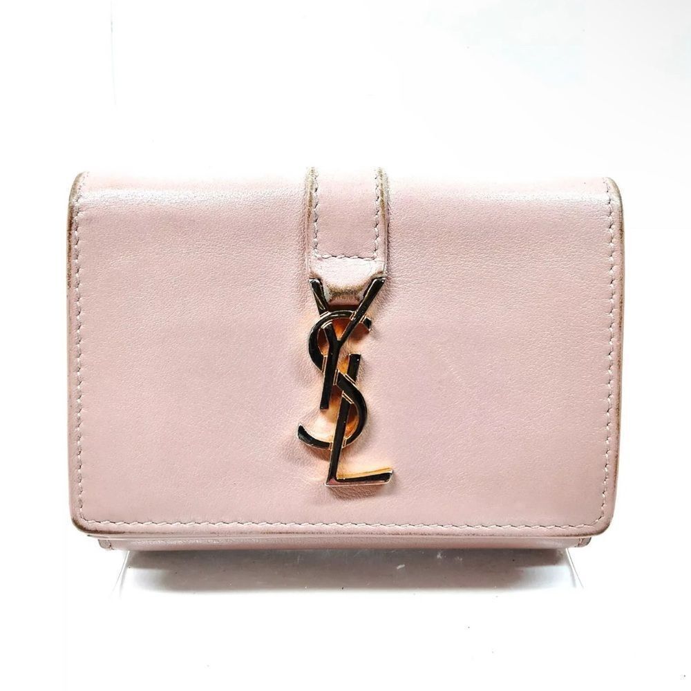 Auth Saint Laurent Pale Pink Gold YSL Monogram Mini Cassandra Trifold Wallet